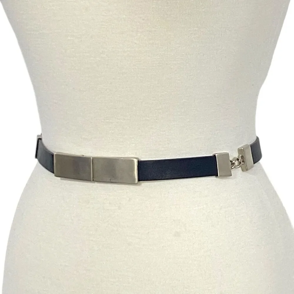 Vtg st john Black leather Silver Tone Buckle LARGE Narrow classic Careercore